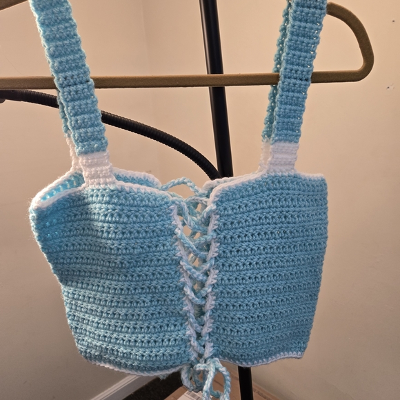 Sky Blue and White Crochet Crop Top - Picture 3 of 11